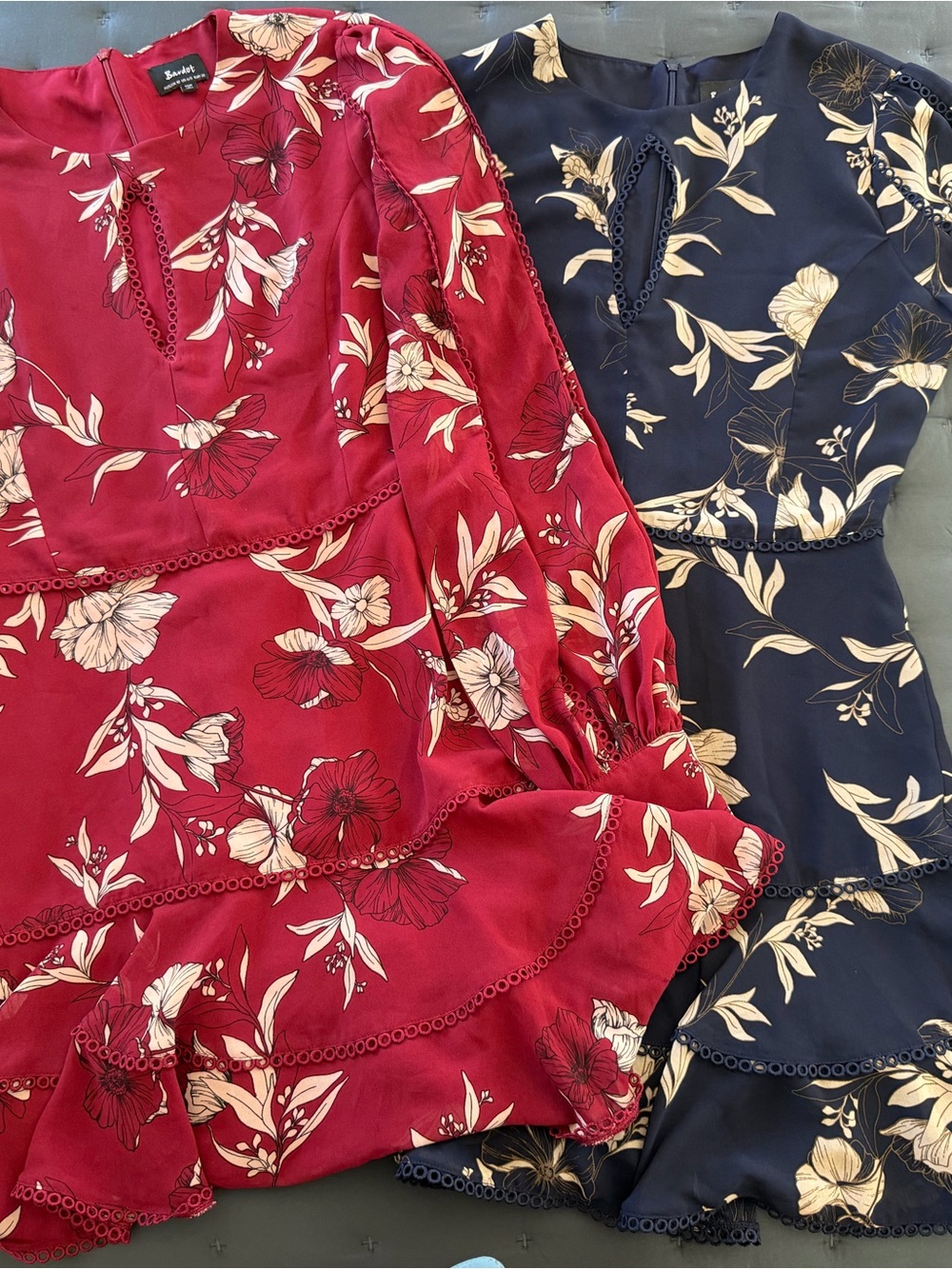 Bardot lot of 2 Blue and Red Floral Print Sexy keyhole Dresses Fun Embroidered